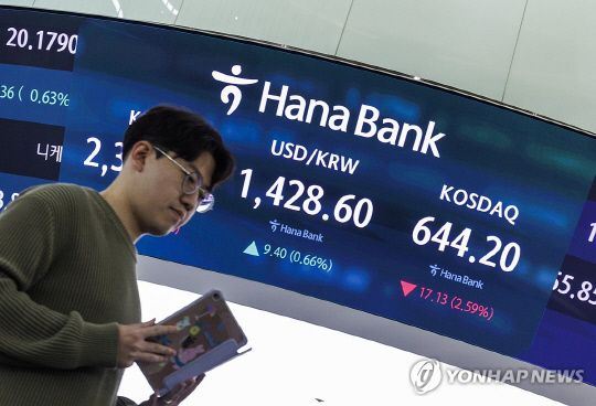 9일 오전 서울 중구 하나은행 본점 딜링룸 전광판에 코스피와 코스닥 지수, 원·달러 환율이 표시돼 있다. 연합뉴스